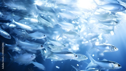 A large school of fish swim in a blue ocean