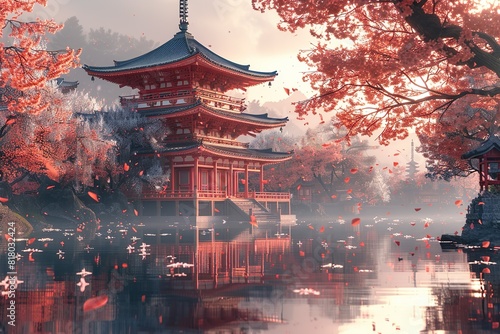 Japanese temple with cherry trees, gently falling flower petals