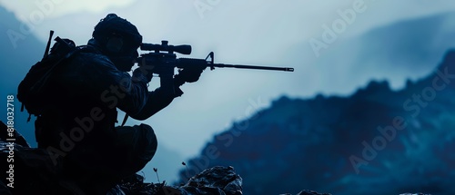 A SEAL sniper taking aim from a concealed position, close up, vigilance theme, ethereal, Silhouette, a mountainous terrain as backdrop