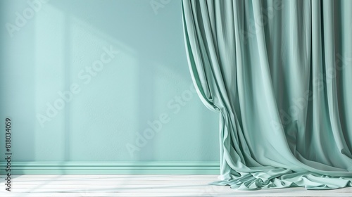 Pastel turquoise blue green empty wall in room with coloured silk curtain drapes. Mock up Template for product presentation. Living, gallery, studio, office concept 