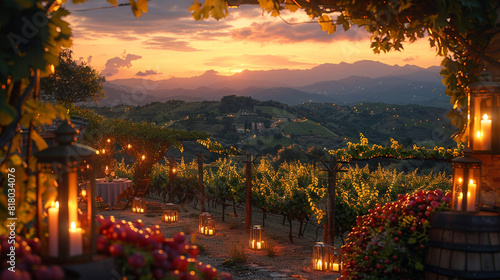 A candlelit dinner in a vineyard, with a view of rolling hills and grapevines in the distance.