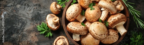 Forest Feast: Boletus Edulis Mushroom with Herbs in Old Bowl Plate on Dark Brown Table - Top View Background Banner