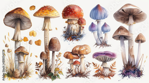 mushroom watercolor art, watercolor illustrations of diverse wild mushrooms, in different shapes and hues, ideal for nature-themed designs and print materials