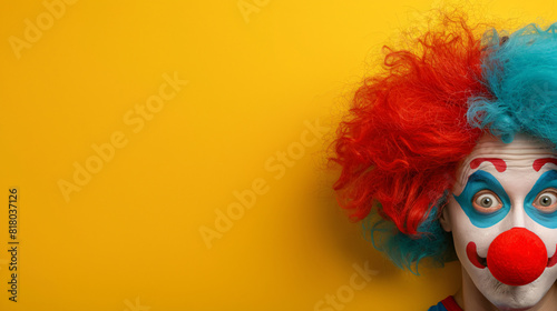 Composition with clown wig nose and word FOOLS 