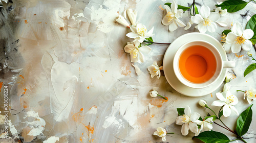Composition with cup of jasmine tea and flowers 