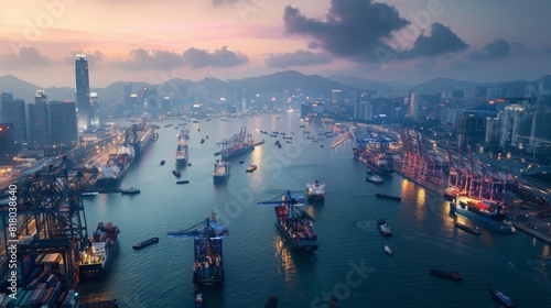 Illustrate a panoramic view of a busy harbor at dusk, with VTMS towers standing sentinel against the skyline, ensuring safe navigation amidst a flurry of ship traffic --ar 16:9