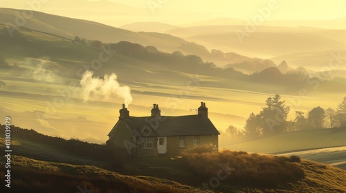 A captivating image of a quaint cottage nestled amidst rolling hills, bathed in the soft light of the morning sun, with wisps of smoke curling from its chimney.