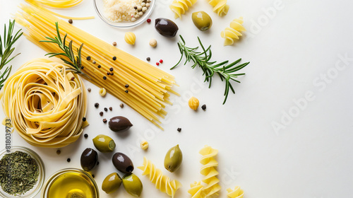 Composition with different uncooked pasta olives 