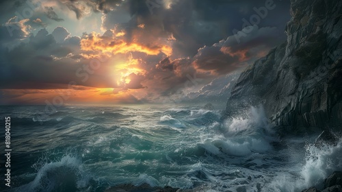 A dramatic sunrise over a stormy sea, with waves crashing against rugged cliffs and the sky filled with ominous clouds.
