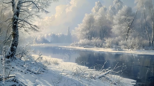 Tranquil winter scene by a frozen lake