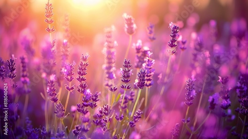 A field of purple lavender illuminated by the warm glow of the setting sun