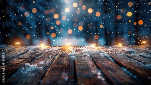 Festive Winter Night: Snowy Table with Christmas Lights