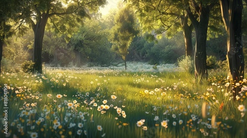 A photorealistic depiction of a serene spring meadow bathed in the soft, golden light of an April afternoon, with wildflowers in full bloom and a gentle breeze rustling through the grass