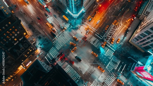Aerial View of Busy City Intersection at Night with Street Lights and Traffic