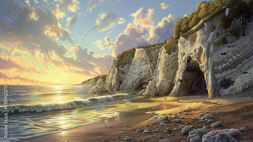 A chalk cliff with a hole in it, with the sea in front and a beach to the left 