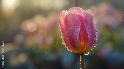 A single tulip adorned with dewdrops, sparkling like diamonds in the morning light.