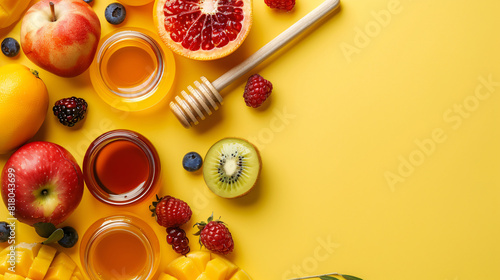 Composition with ripe fruits and honey on yellow background