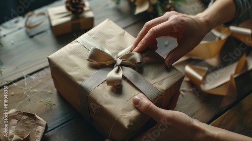 Close-up shot of hands packing a gift box, wrapping it with modern ribbon and sealing it with glue tape, emphasizing the texture of the materials