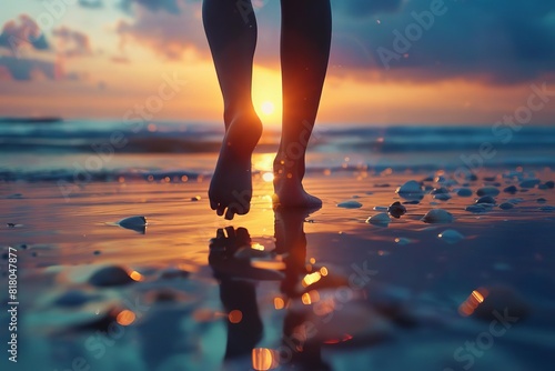 Walking along the beach at sunset, close up, focus on, vibrant colors, double exposure silhouette with waves