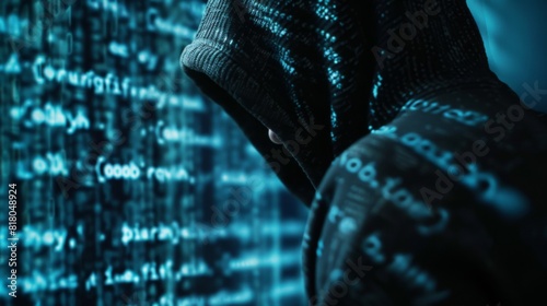 Hacker Wiping Digital Traces from Cyber Activities. The hooded silhouette of a hacker diligently removes digital footprints of cyber activities and evidence erasure.