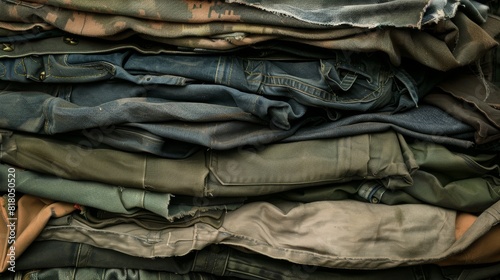 Close-up of a stack of military clothing, worn and new, varied textures and shades, highly detailed folds and creases