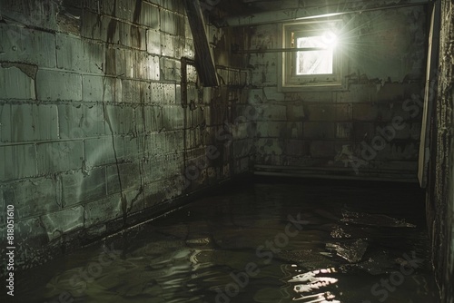 A decrepit basement flooded with an inch of murky water, sunlight barely penetrating a boarded-up window, revealing skeletal shapes lurking in the gloom