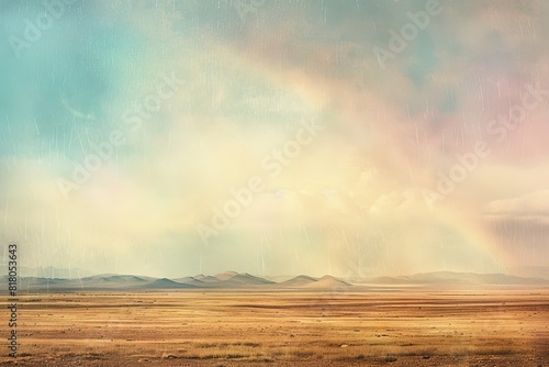 A panoramic view of a vast desert landscape with a rainbow gradient shimmering across the sky after a rainstorm The colors are soft and pastel, creating a sense of tranquility