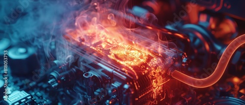 A computer part is on fire, with smoke and steam rising from it
