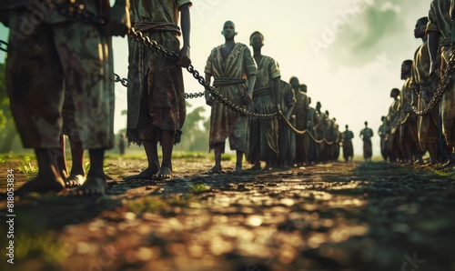 african slave line up bound by steel chain. for commemorate freedom from slavery in America. Juneteenth celebrate photo concept.