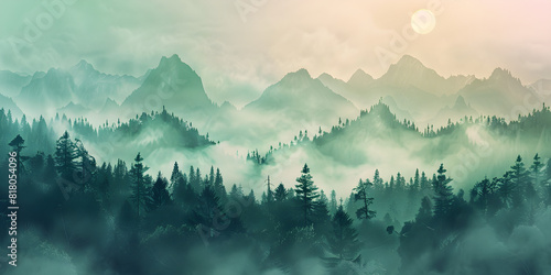 A photo realistic illustration of misty mountains and forest in the morning, creating a mystic atmosphere. Suitable for travel and tourism promotions, outdoor adventure themes,...