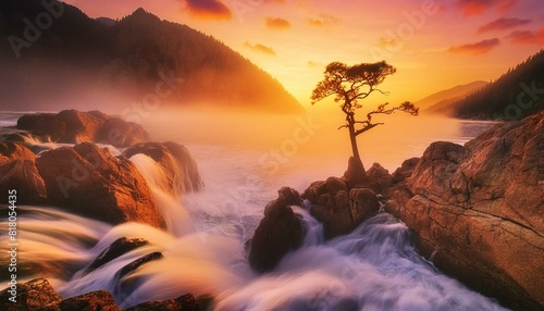purple sunset over cliff with single tree. waves are crashing the rocks; long exposure photograph of a beautiful mountainscape.