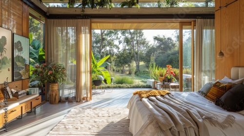 Embrace the seamless blend of indoor comfort and outdoor beauty in this open-concept master bedroom, featuring sliding doors that reveal lush garden views.