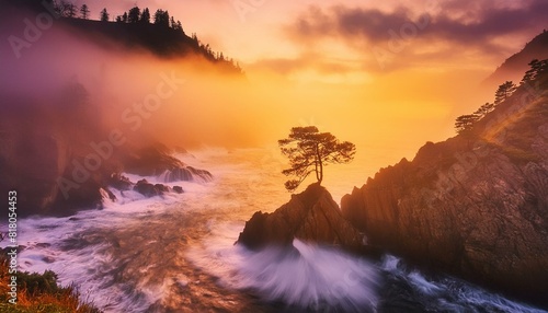 purple sunset over cliff with single tree. waves are crashing the rocks; long exposure photograph of a beautiful mountainscape.