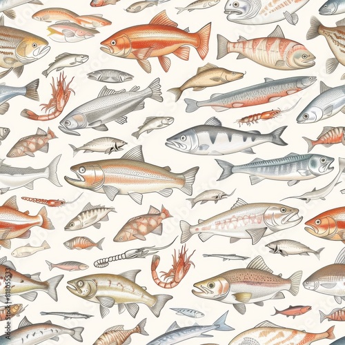 An intricate array of sketched fish and crustaceans forms a seamless pattern on a light background, perfect for wallpaper or textile design. Seamless pattern wallpaper background.