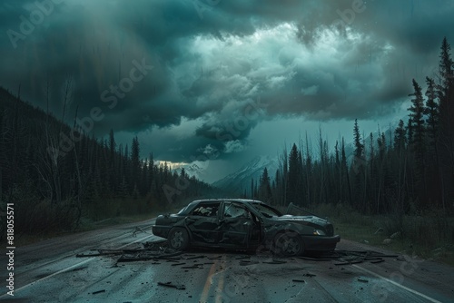 Stormy Aftermath: Abandoned Sedan with Extensive Damage on a Forest Road