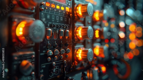 A close up of a bunch of knobs and buttons with a yellow glow