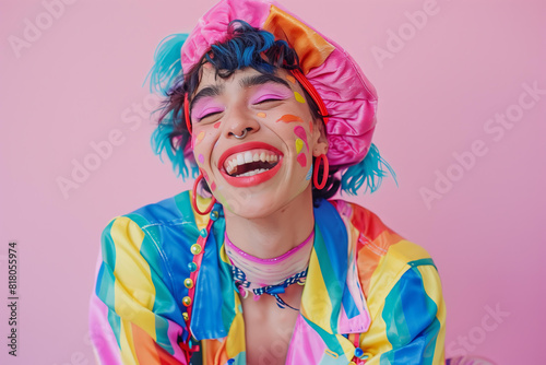 cute non binary person, happy and smiling, wearing funny and colorful pastel ouitfit , isolated on pastel background. pride month, lgbt, lgbtq+ community, queer, gay, lesbian, gender, struggle fo