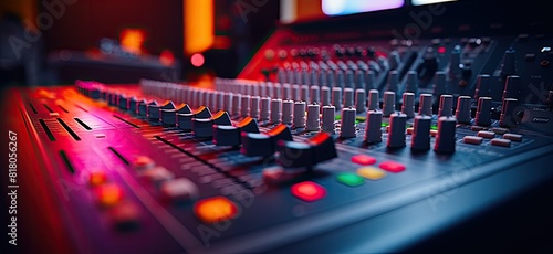 A spacious soundboard adorned with numerous knobs and buttons.