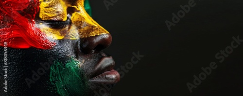 closeup of side profile black american african people with body face painting. background for commemorate freedom from slavery in America. Juneteenth celebrate photo concept.