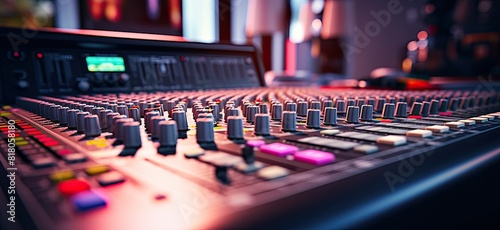 A spacious soundboard adorned with numerous knobs and buttons.