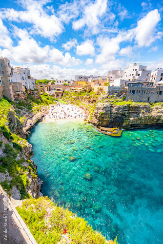 Cityscape of Polignano a Mare beach, Puglia region, Italy, Europe. Seascape of Adriatic sea