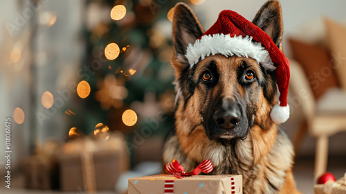 Cute German Shepherd dog in Santa hat 