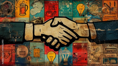 retro business icons, retro comic-style collage featuring business icons like briefcase, handshake, and lightbulb, ideal for creative business promotions