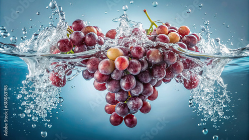 A bunch of ripe grapes submerged in a refreshing splash of water 