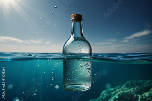 Submerged glass bottle in bubbling ocean water. Cool aquatic theme, perfect for beverage advertising and serene underwater photography.