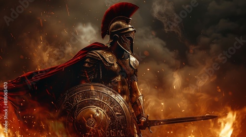 Ancient Greek warrior in armor with helmet and red cape holding sword and shield in a battle scene