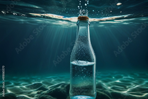 Submerged glass bottle in bubbling ocean water. Cool aquatic theme, perfect for beverage advertising and serene underwater photography.