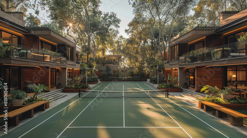 luxury tennis club, upscale tennis court featuring exquisite wooden seating and chic nets, catering to elite club members seeking a lavish playing experience