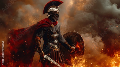 Ancient Greek warrior in armor with helmet and red cape holding sword and shield in a battle scene