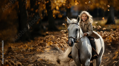Joyful Little Girl Riding Horse in Autumn Forest with Golden Leaves